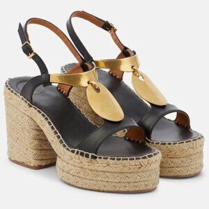🌟 CHLOE Pema Black Leather Gold Medallion Espadrille Heeled Platform Sandals